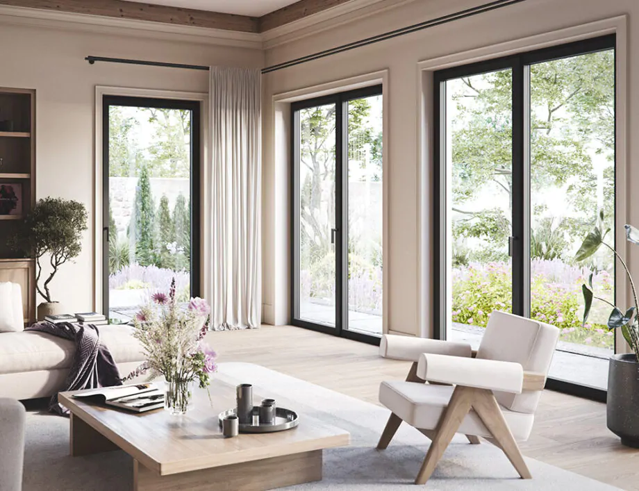 Okno PILAR w salonie – panoramiczny widok na ogród
